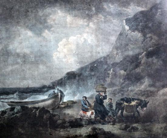 After Morland, coloured print, Fishermen